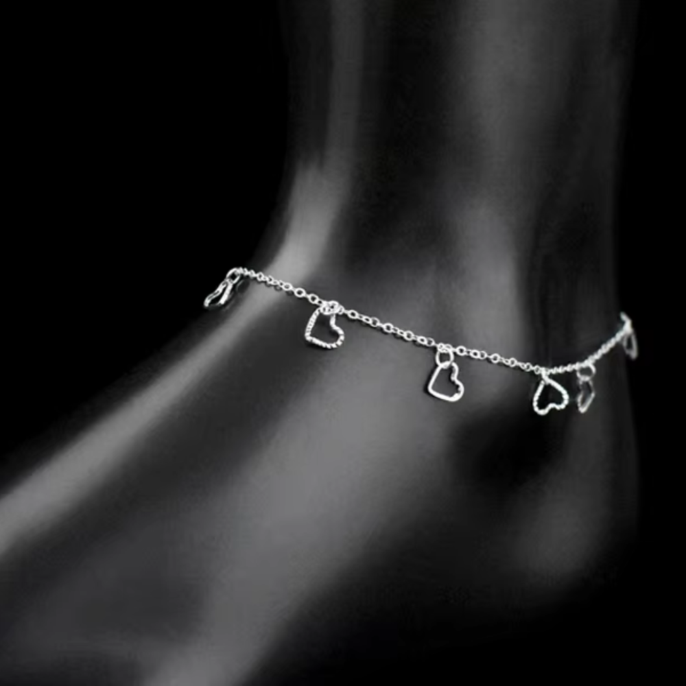 Tobillera Plata Corazones Colgantes-2