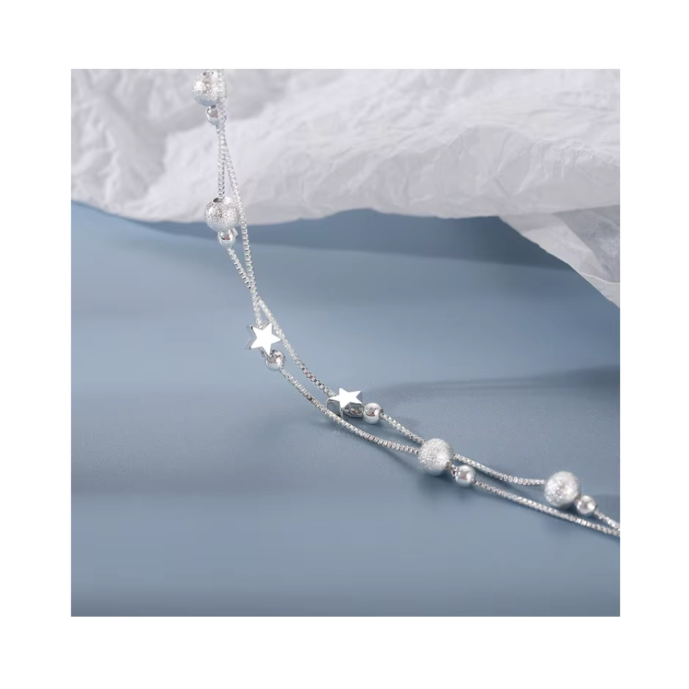Pulsera Plateada Estrella Doble Cadena-3