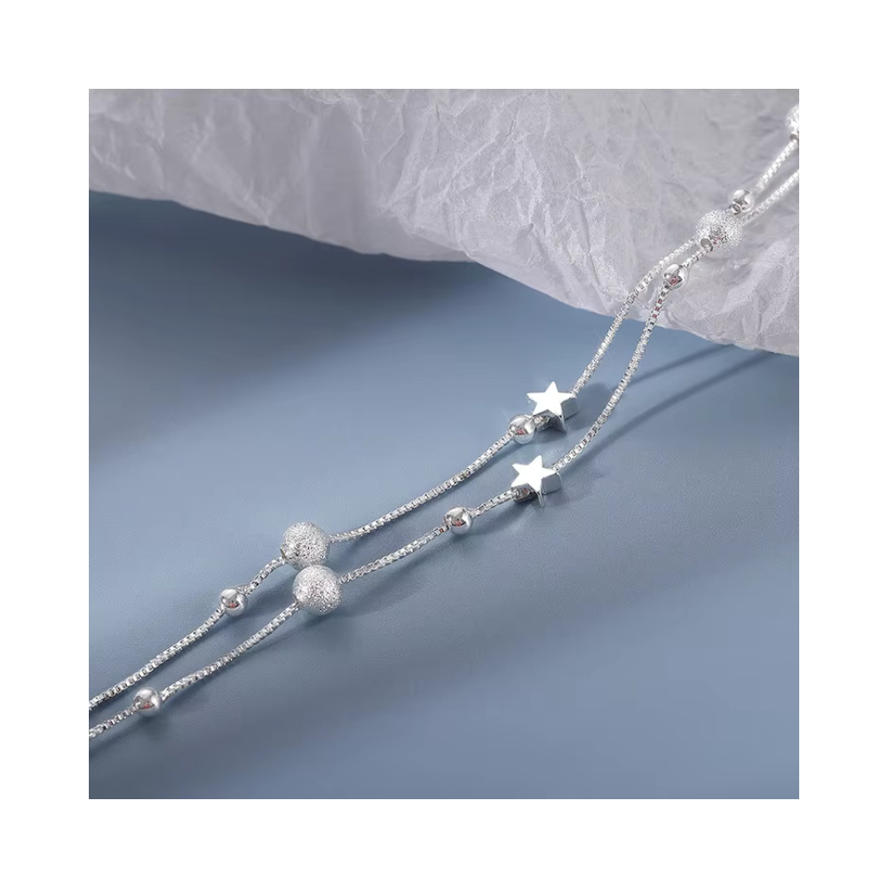 Pulsera Plateada Estrella Doble Cadena-5