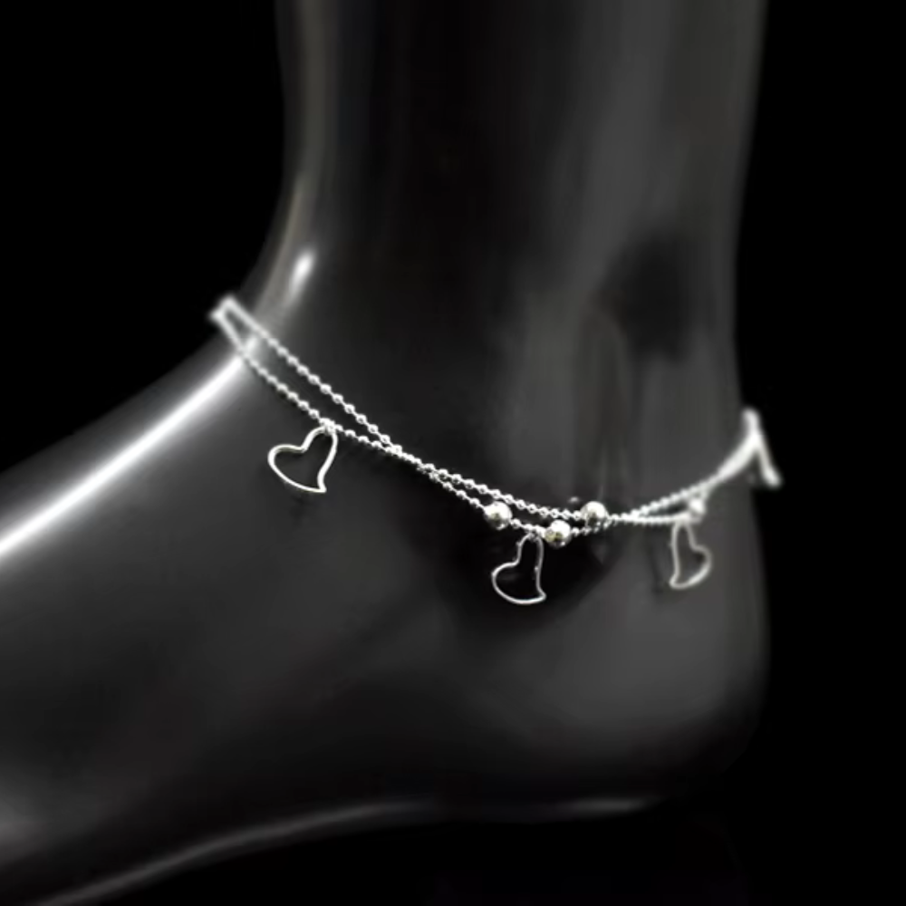 Tobillera Doble Cadena Ovalos Corazones Colgantes-2
