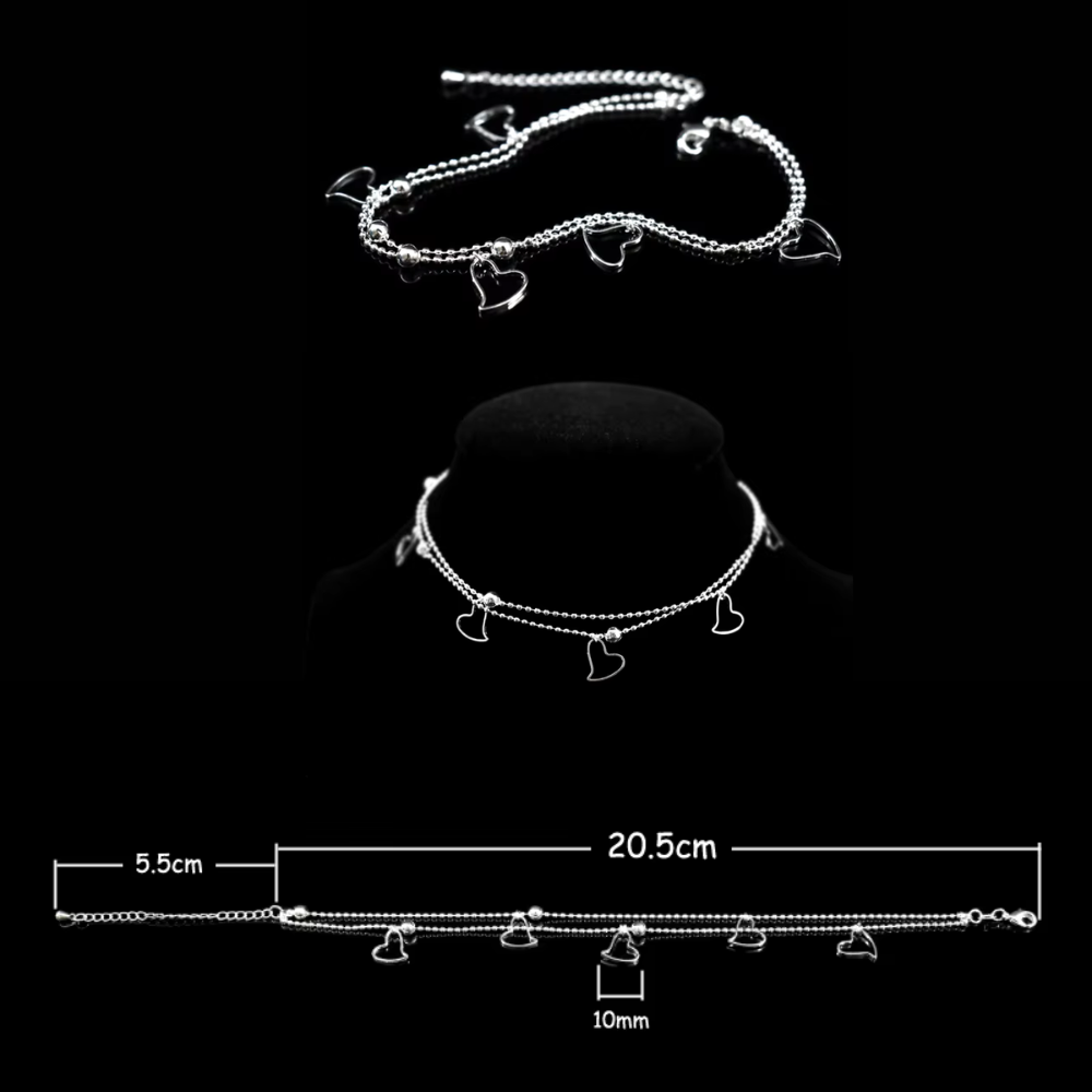 Tobillera Doble Cadena Ovalos Corazones Colgantes-3