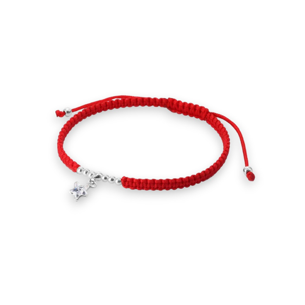 Pulsera de Macramé Roja con Esferas y Estrella de Circón en Plata-0