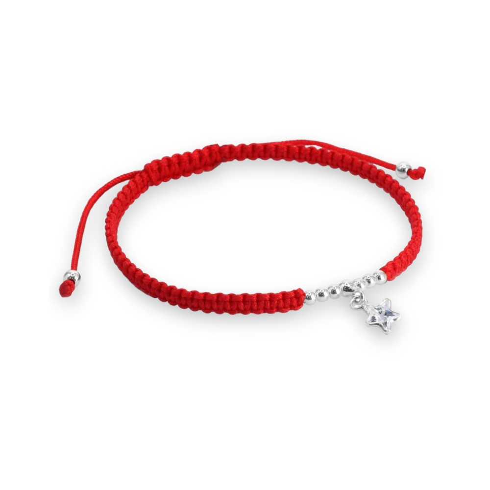 Pulsera de Macramé Roja con Esferas y Estrella de Circón en Plata-1