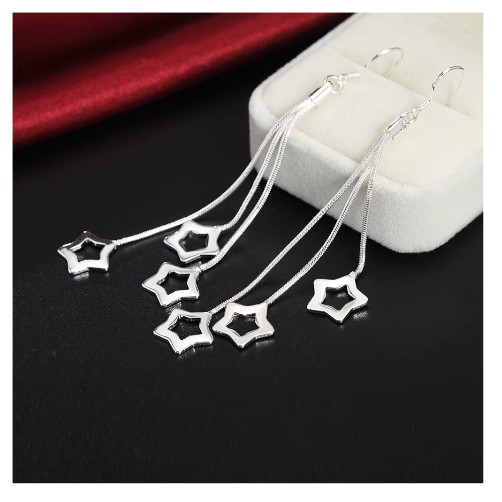 Aros Plata Pendientes Colgantes Estrellas-3