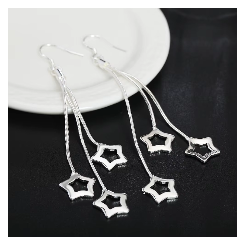 Aros Plata Pendientes Colgantes Estrellas-4