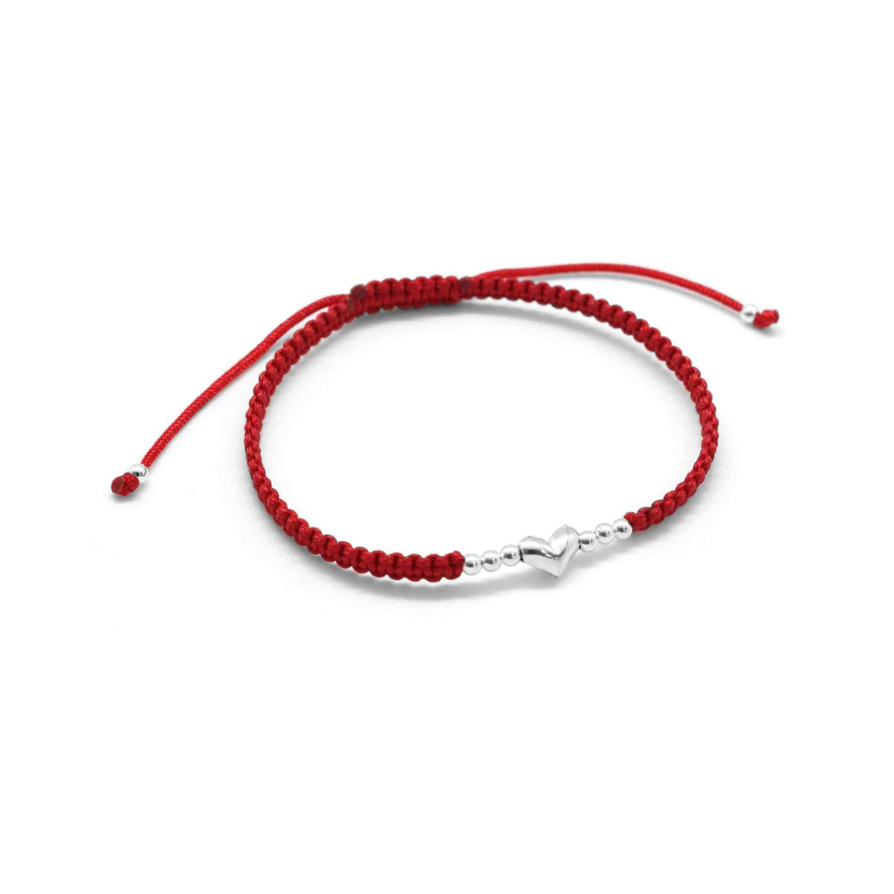 Pulsera De Macramé Roja Con Esferas y Corazón De Plata-1