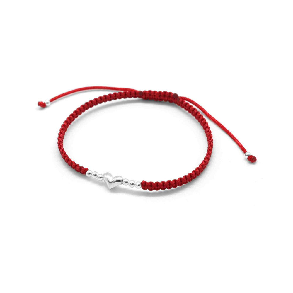Pulsera De Macramé Roja Con Esferas y Corazón De Plata-2