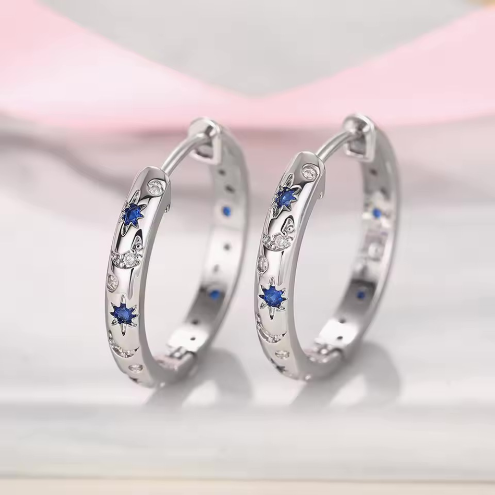 Aros Argolla Huggie Estrellas y Lunas Azules-4