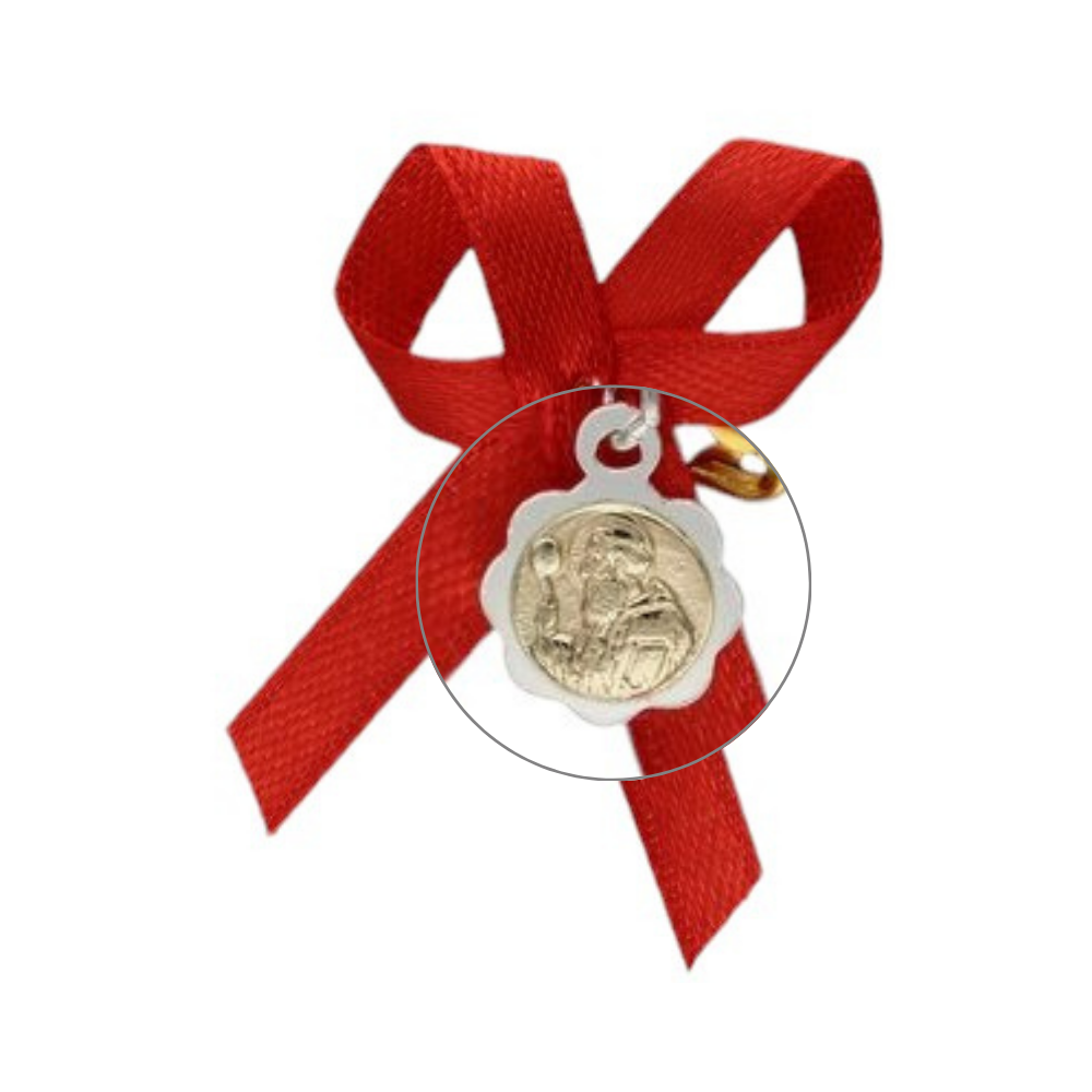 Medalla De Plata y Oro San Benito Con Cinta Roja Para Bebe-2