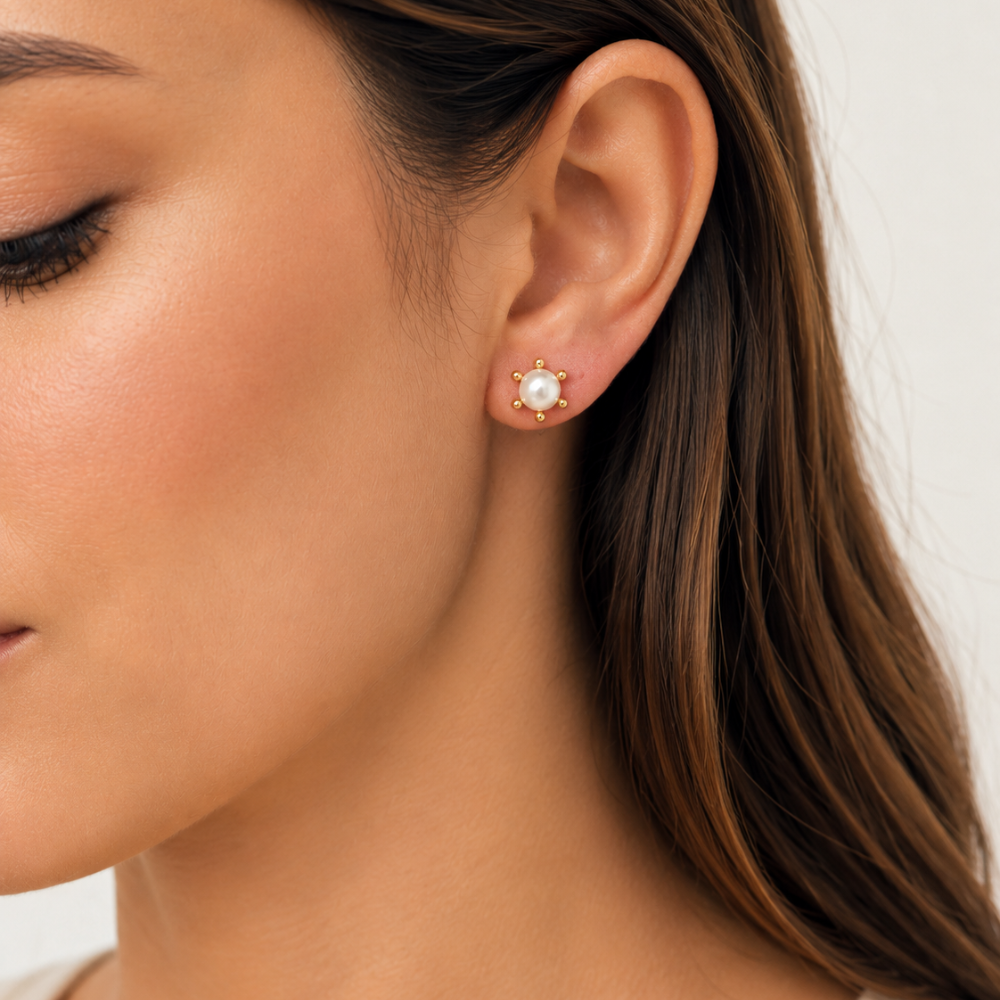 Aros con Pistilo y Perla 8 mm Ba o de Oro 18K-3
