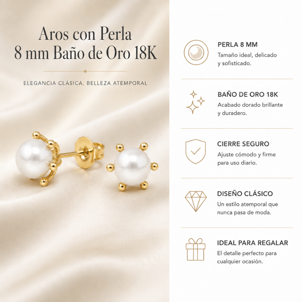 Aros con Pistilo y Perla 8 mm Ba o de Oro 18K-5