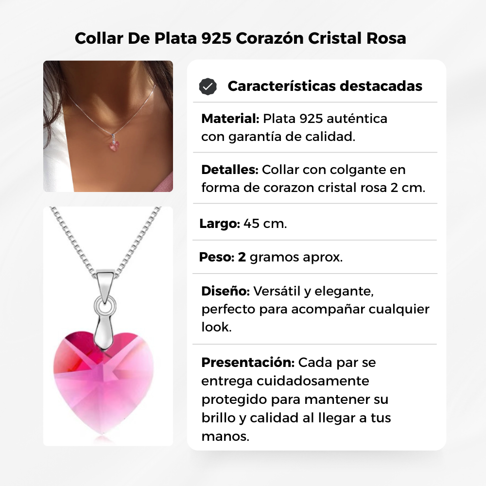 Collar De Plata 925 Corazón Cristal Rosa-2