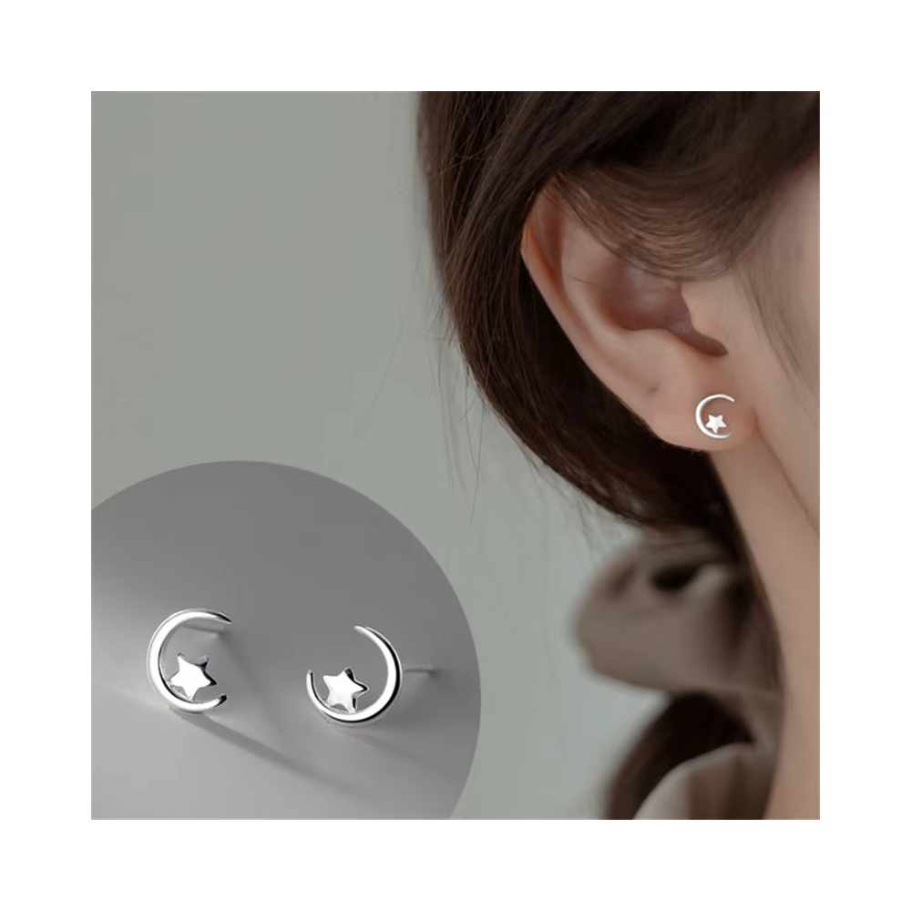 Aros Plateados Diseño Luna y Estrella-2