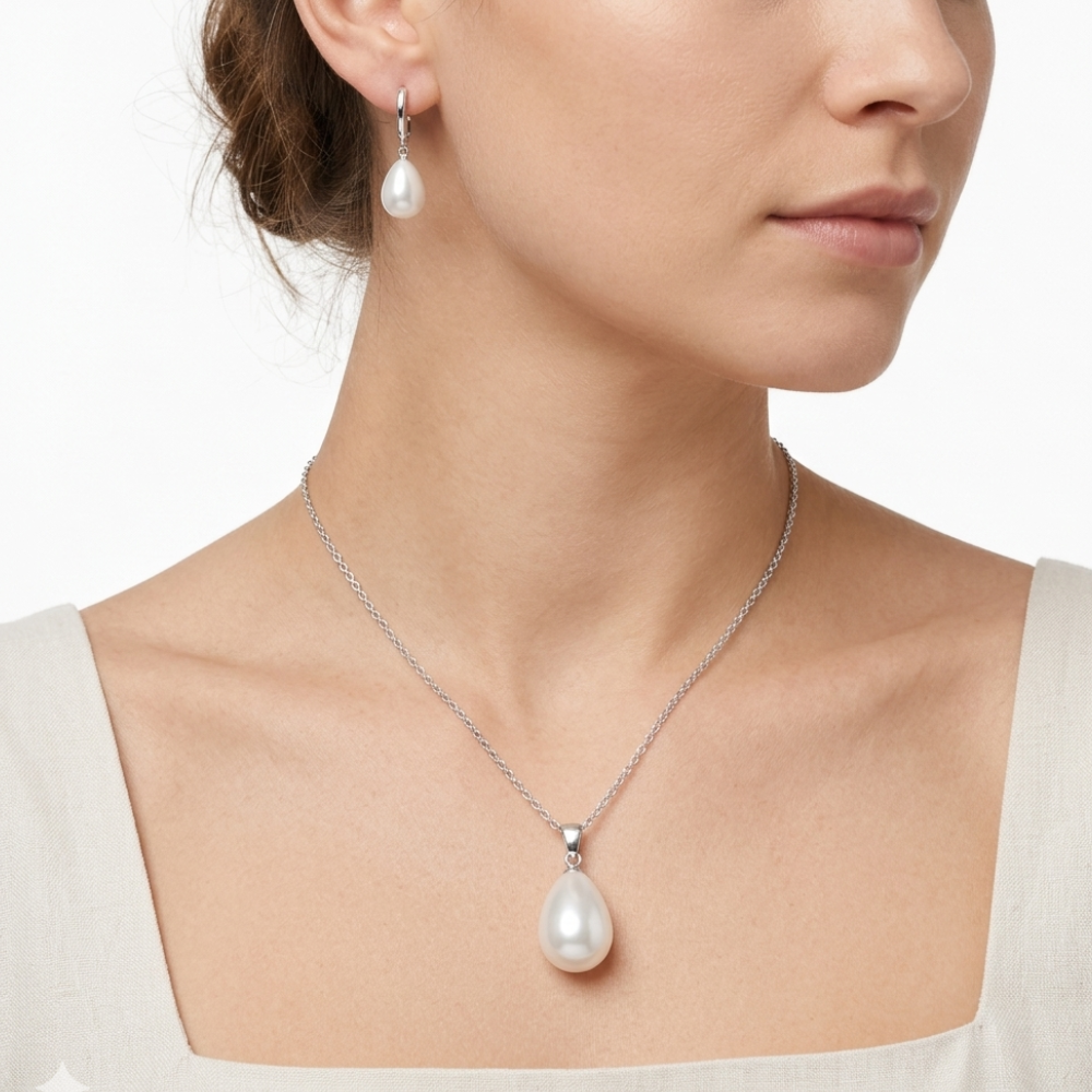 Conjunto Collar y Aros con Perla Gota de Agua-3