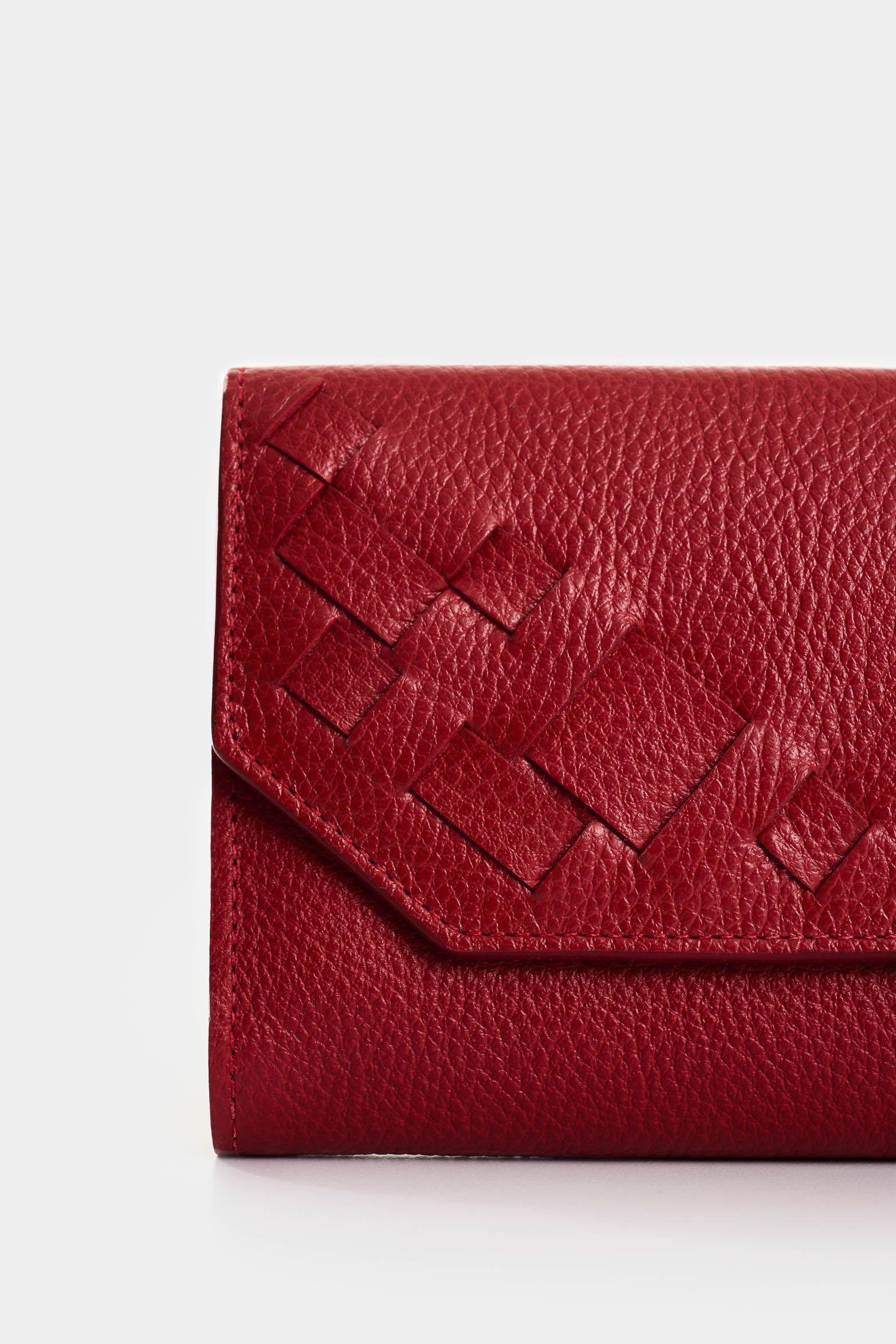 Vélez Billetera Bravo De Cuero  Mujer Detalle Tejido Rojo-3