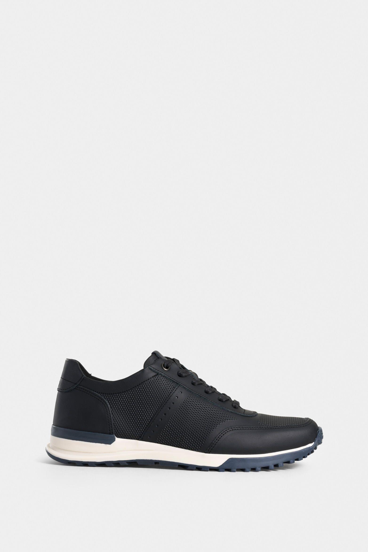 Tenis vuelos de cuero para hombre combinación de texturas negro-0