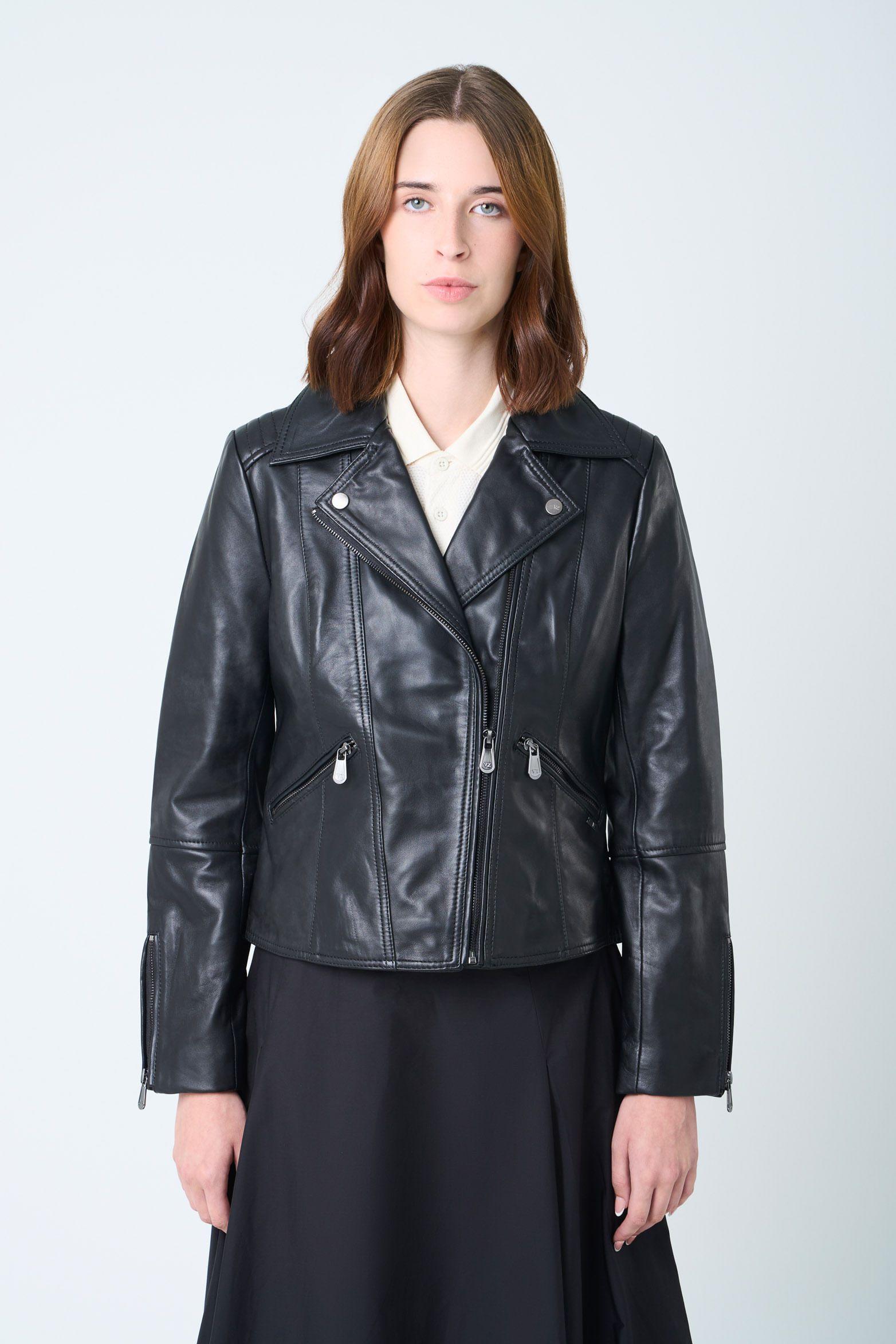 Chaqueta Biker Island de cuero para mujer fit ajustado negro-0