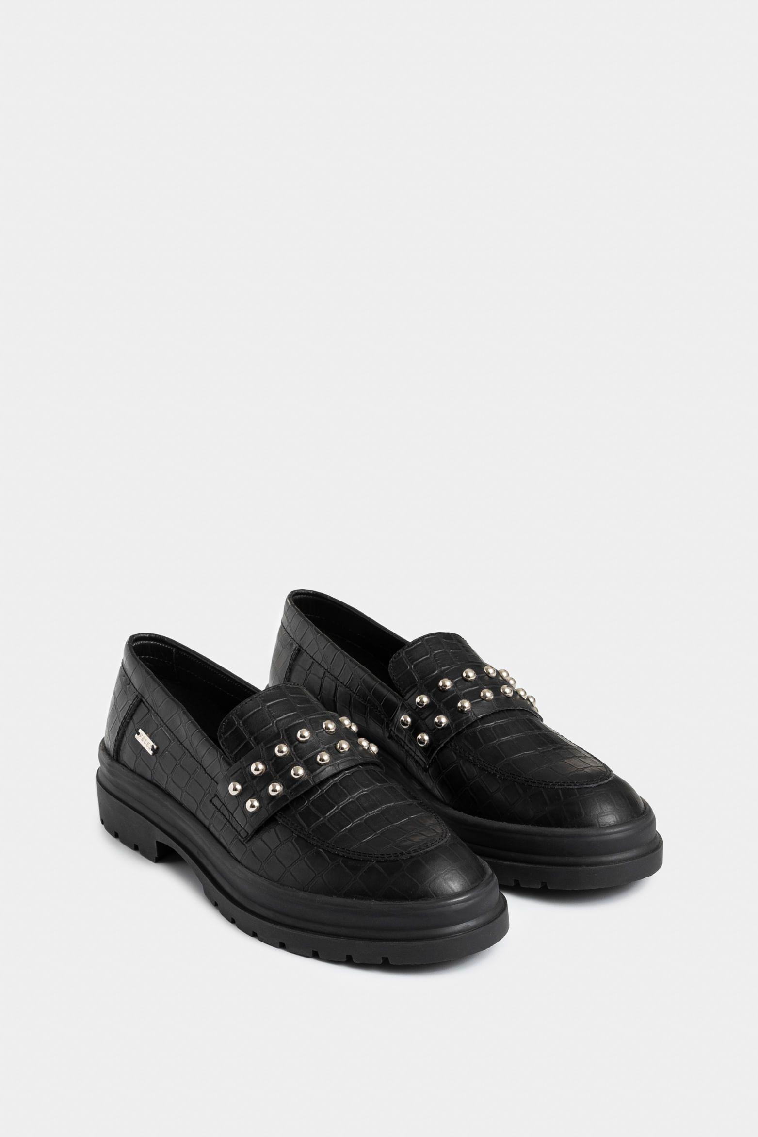 Mocasines tractorados de cuero folia para mujer detalle taches Negro-1