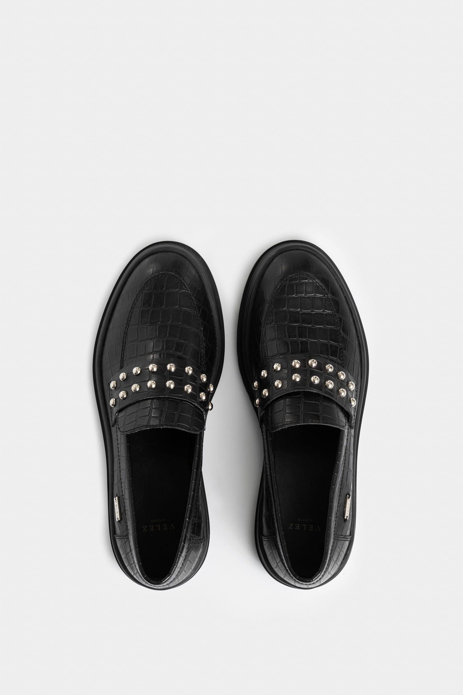 Mocasines tractorados de cuero folia para mujer detalle taches Negro-3
