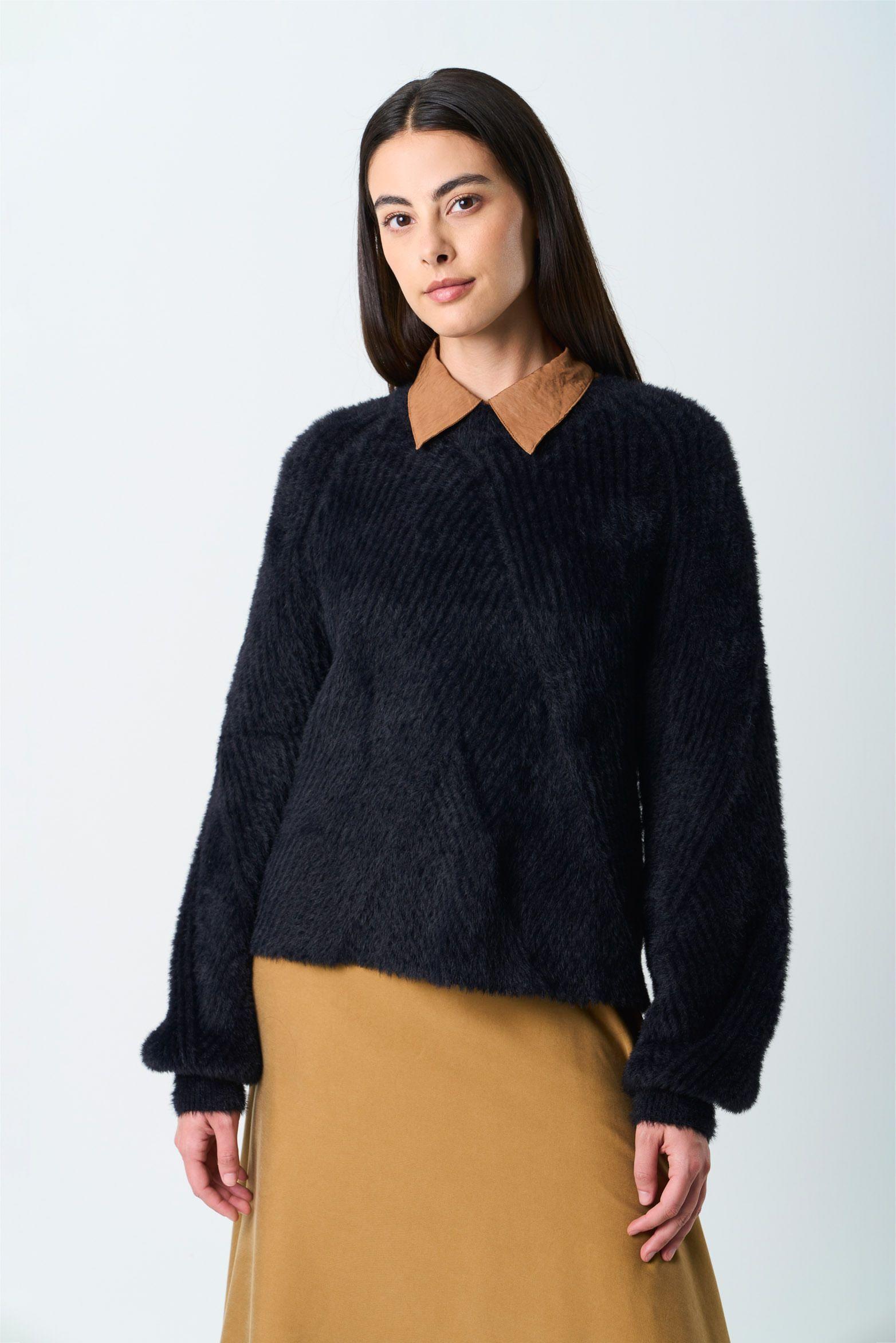 Vélez Sweater Liora Para Mujer Acanalado Asimétrico Negro-0
