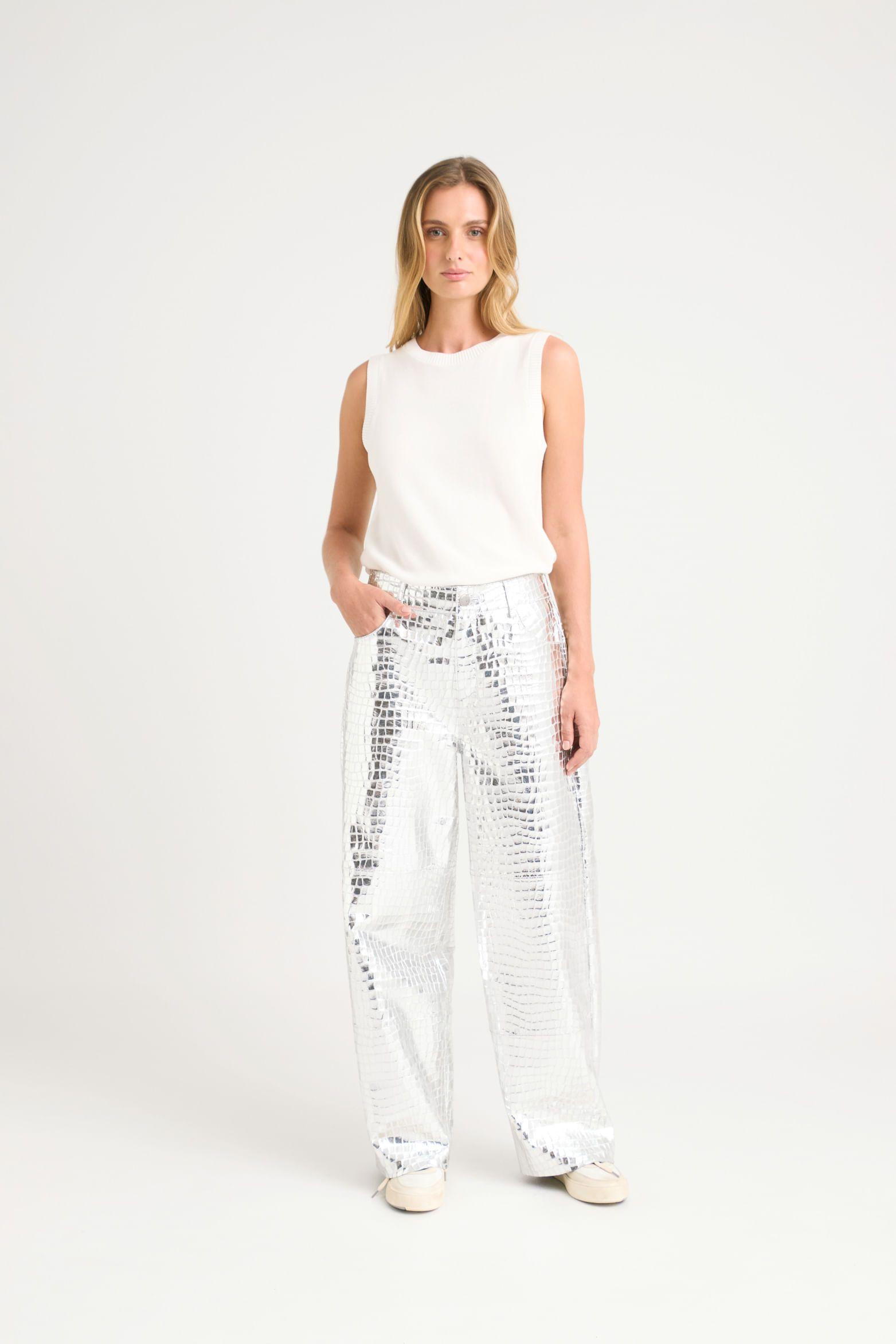 Pantalón croco vice de cuero ovino para mujer efecto metalizado Plata-0