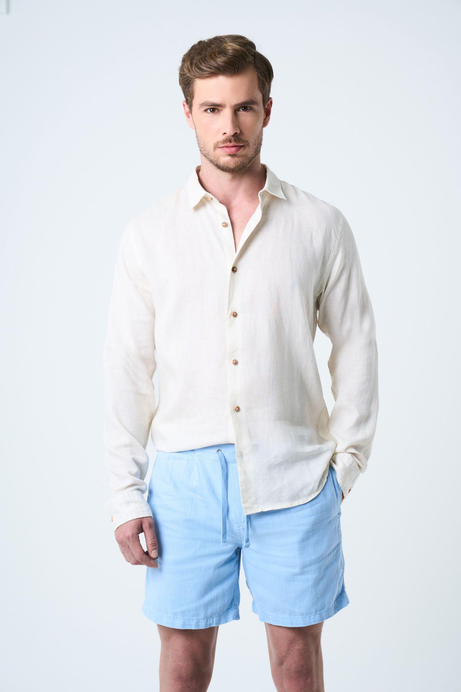 Bermuda Marfil en lino para hombre silueta amplia azul claro-3