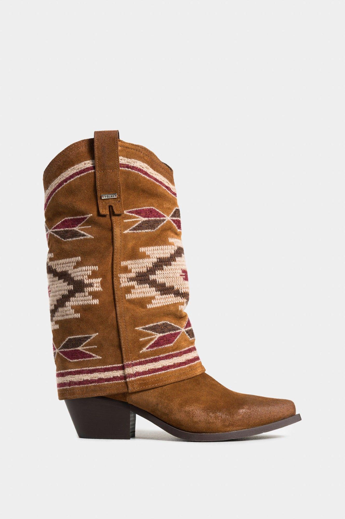 Vélez Bota Inflexus Cuero Mujer Bordado Jacquard Miel-0