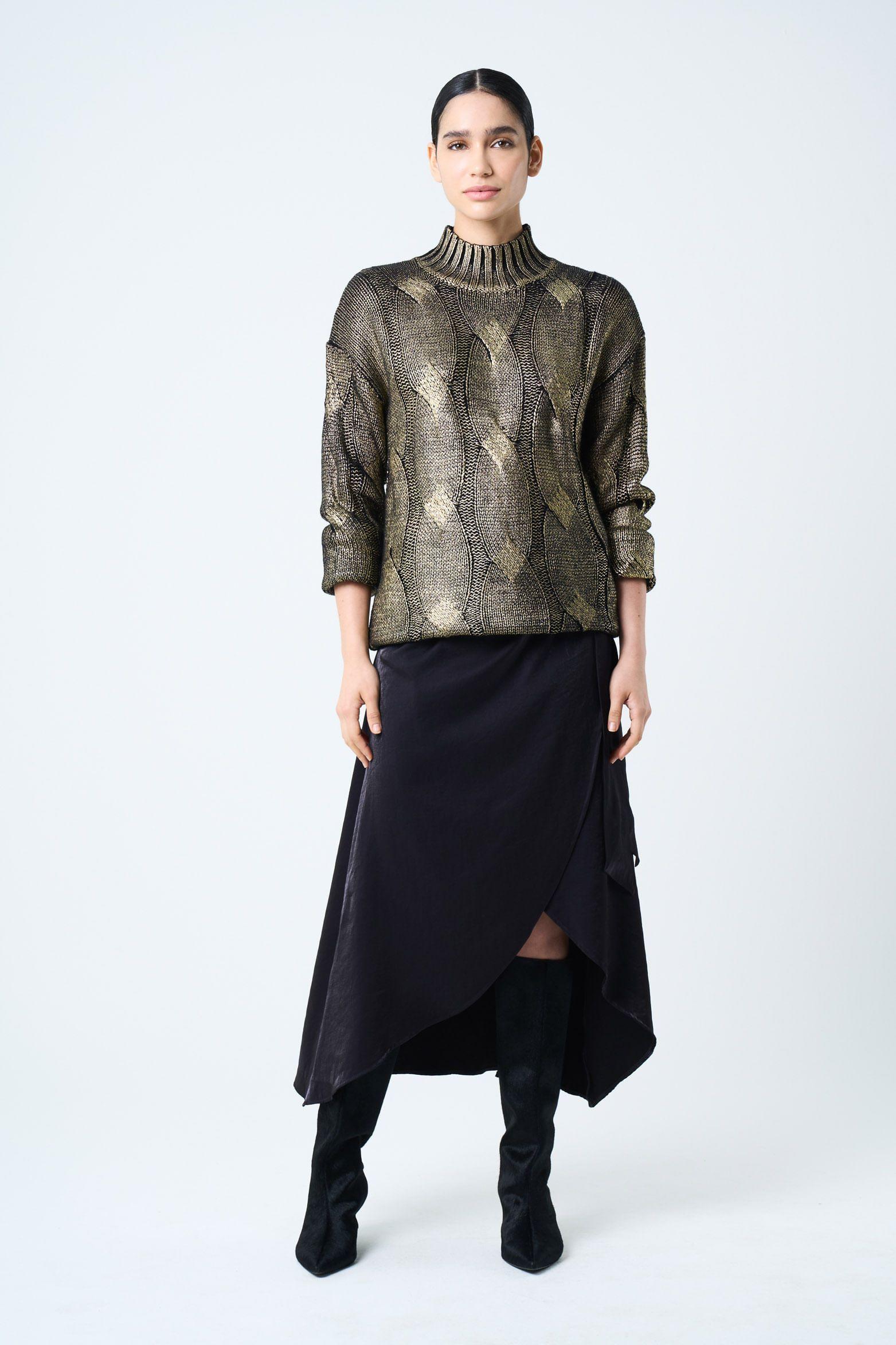 Vélez Sweater Rock Tejido Rectilíneo Mujer Metalizado Oro Dorado-3