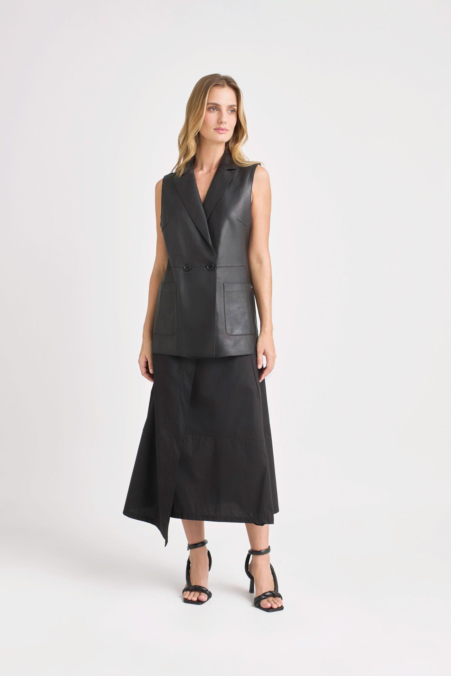 Vélez Chaleco Sol De Cuero Ovino Para Mujer Fit Recto Negro-1