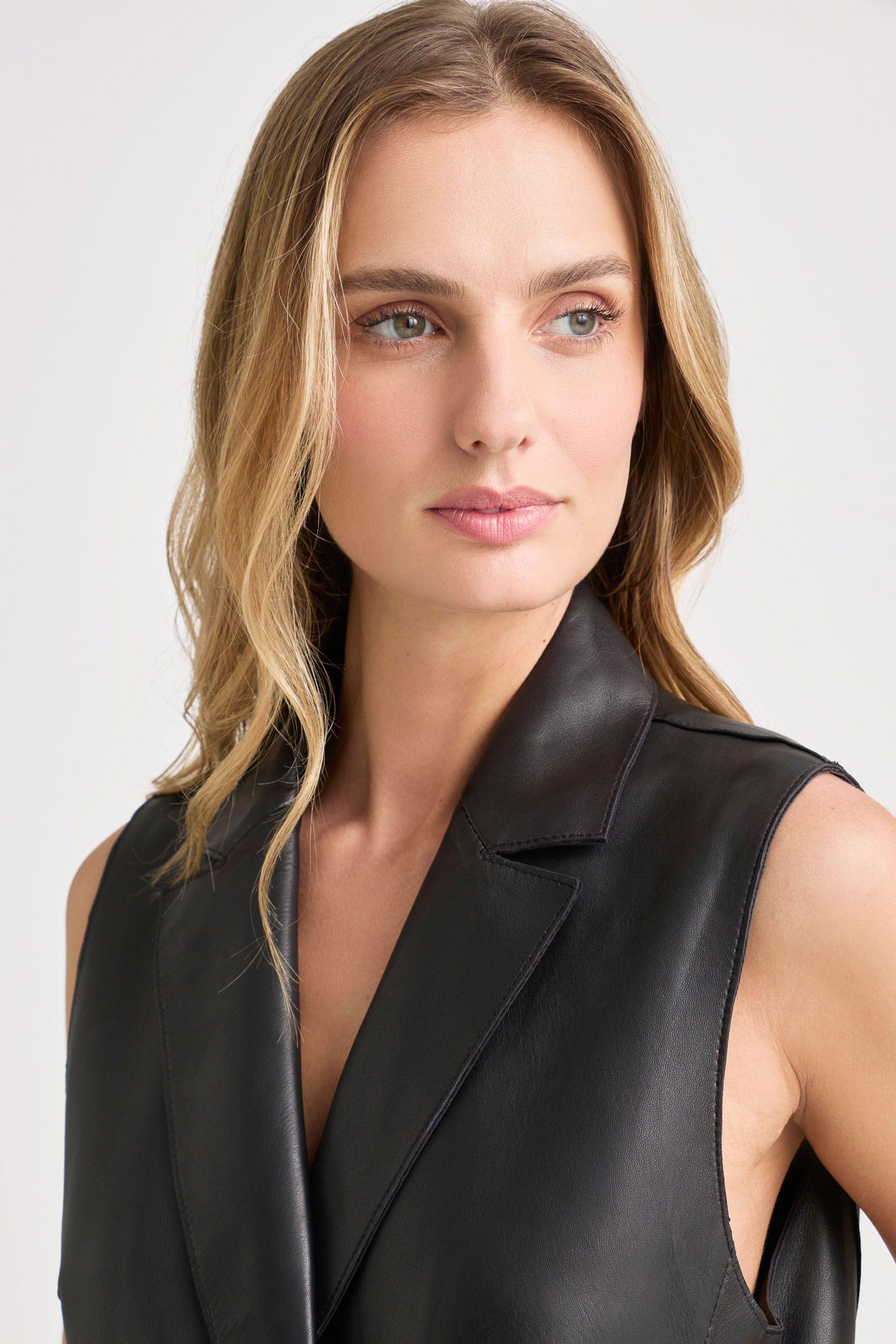 Vélez Chaleco Sol De Cuero Ovino Para Mujer Fit Recto Negro-2