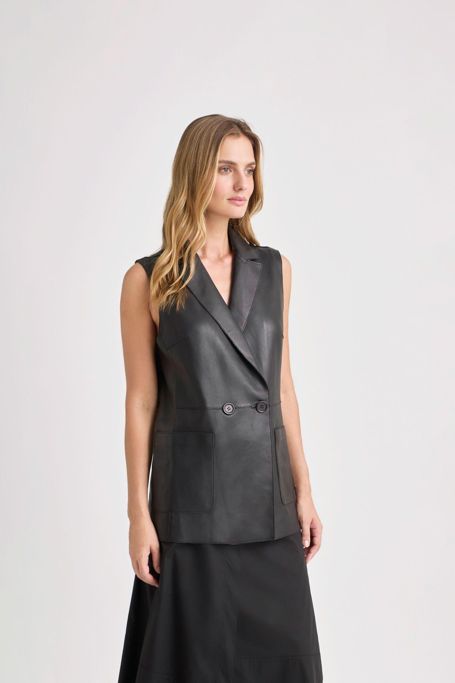 Vélez Chaleco Sol De Cuero Ovino Para Mujer Fit Recto Negro-3