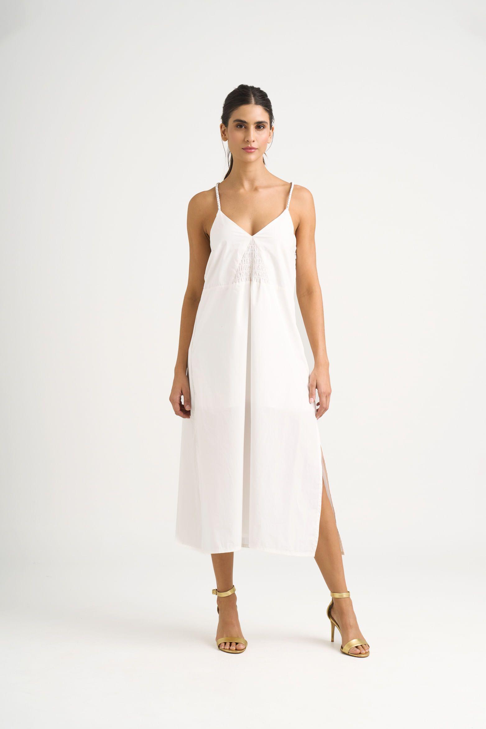 Vestido maxi Celeste en tejido plano para mujer detalle trenzado blanco-0