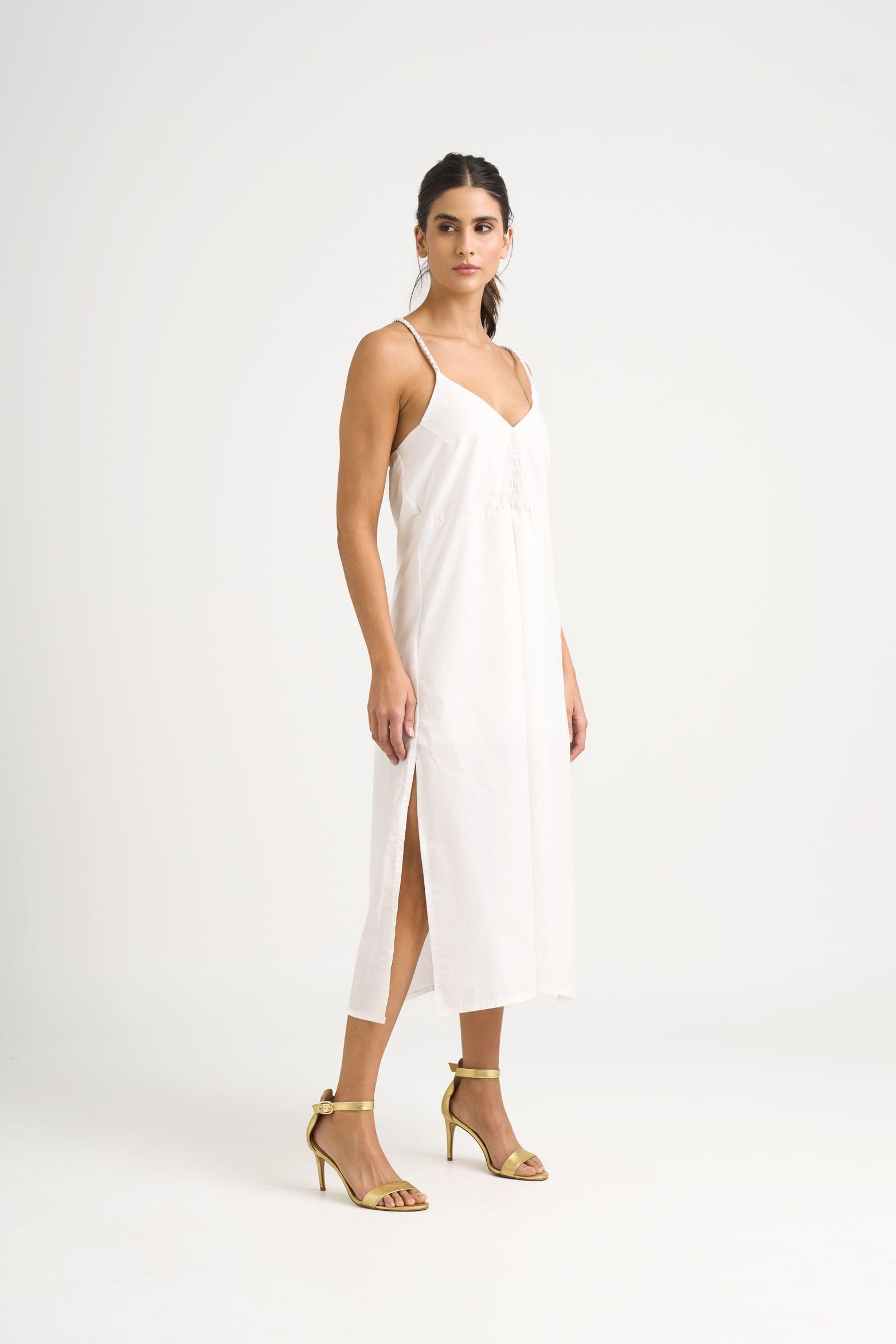 Vestido maxi Celeste en tejido plano para mujer detalle trenzado blanco-2