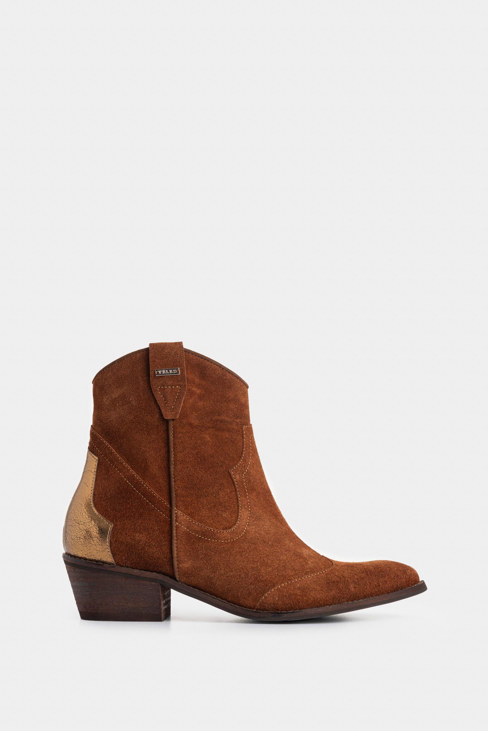 Vélez Botines Texanos Sahara Cuero Gamuzado Mujer Metalizado Miel-0