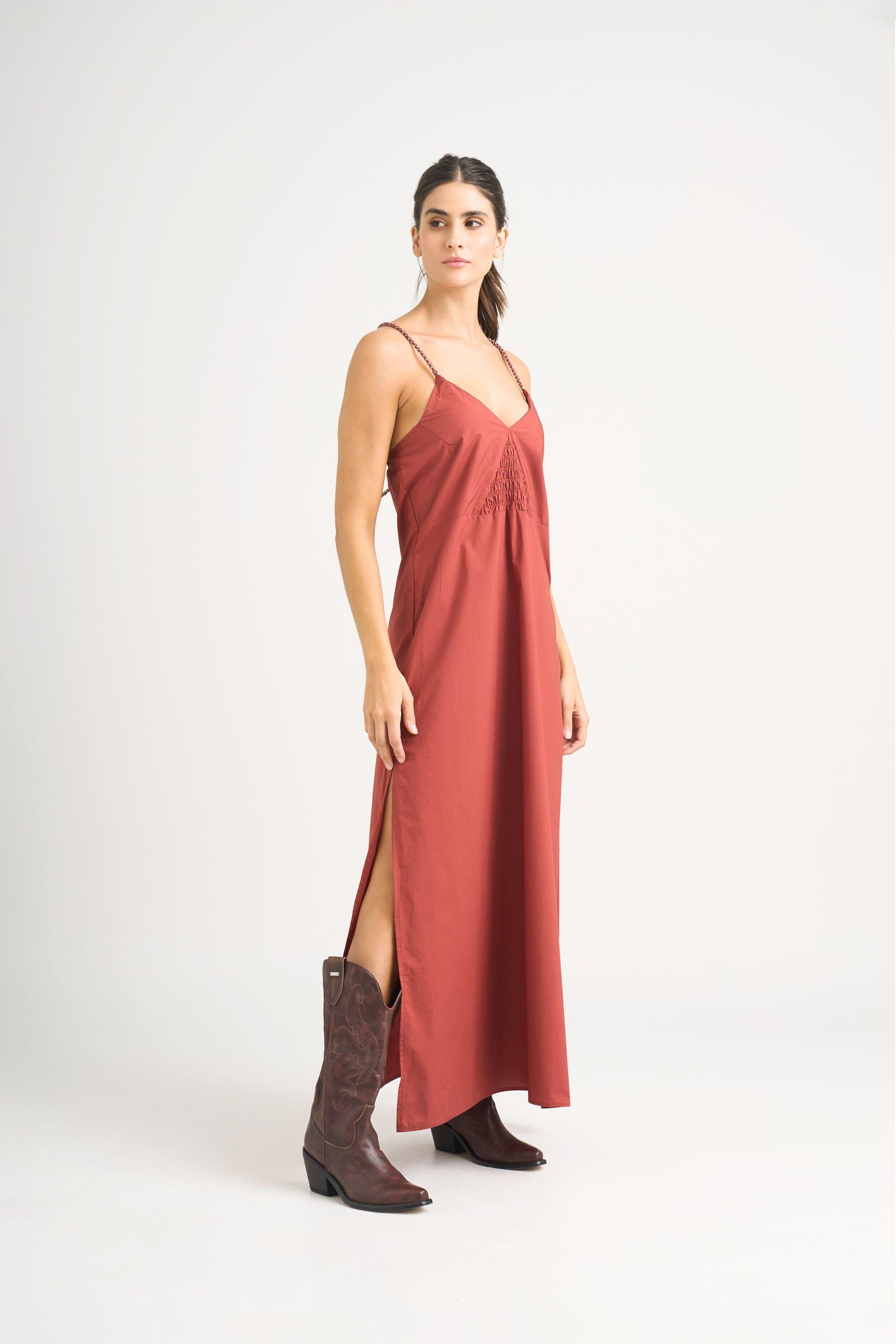 Vestido maxi Celeste en tejido plano para mujer detalle trenzado vinotinto-2
