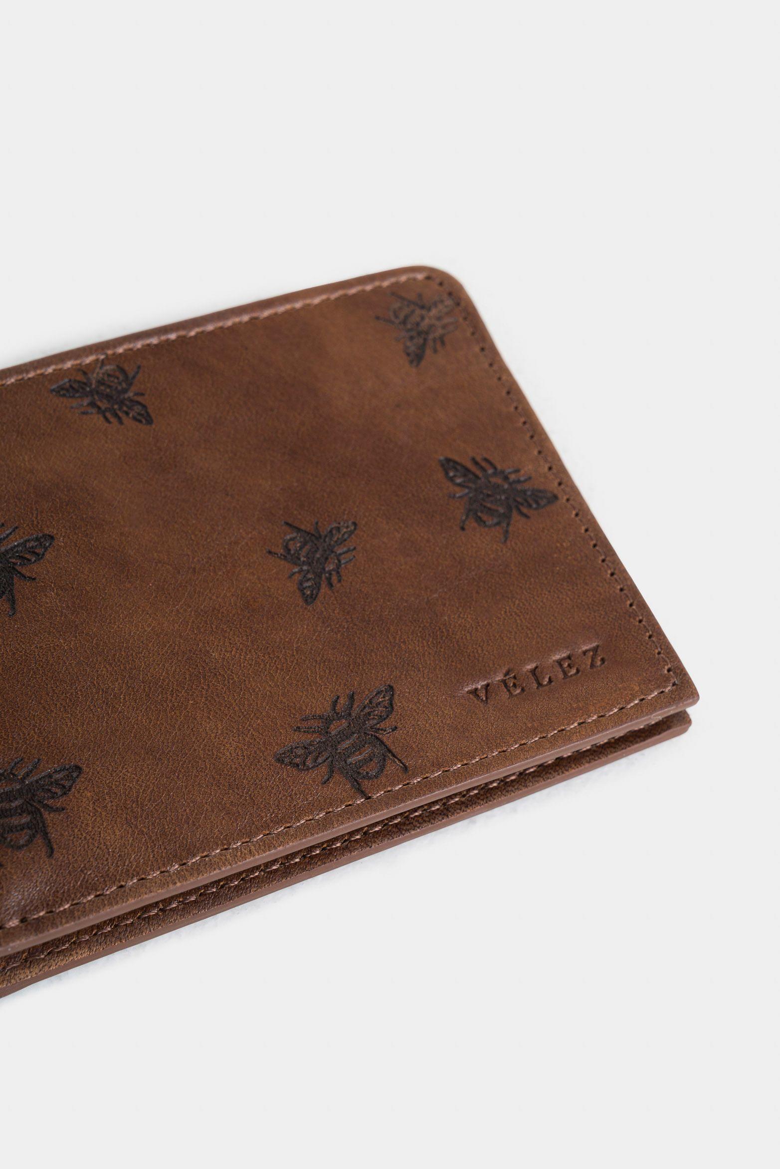 Vélez Billetera Hibiscus Cuero Hombre Grabado Abeja Miel-3