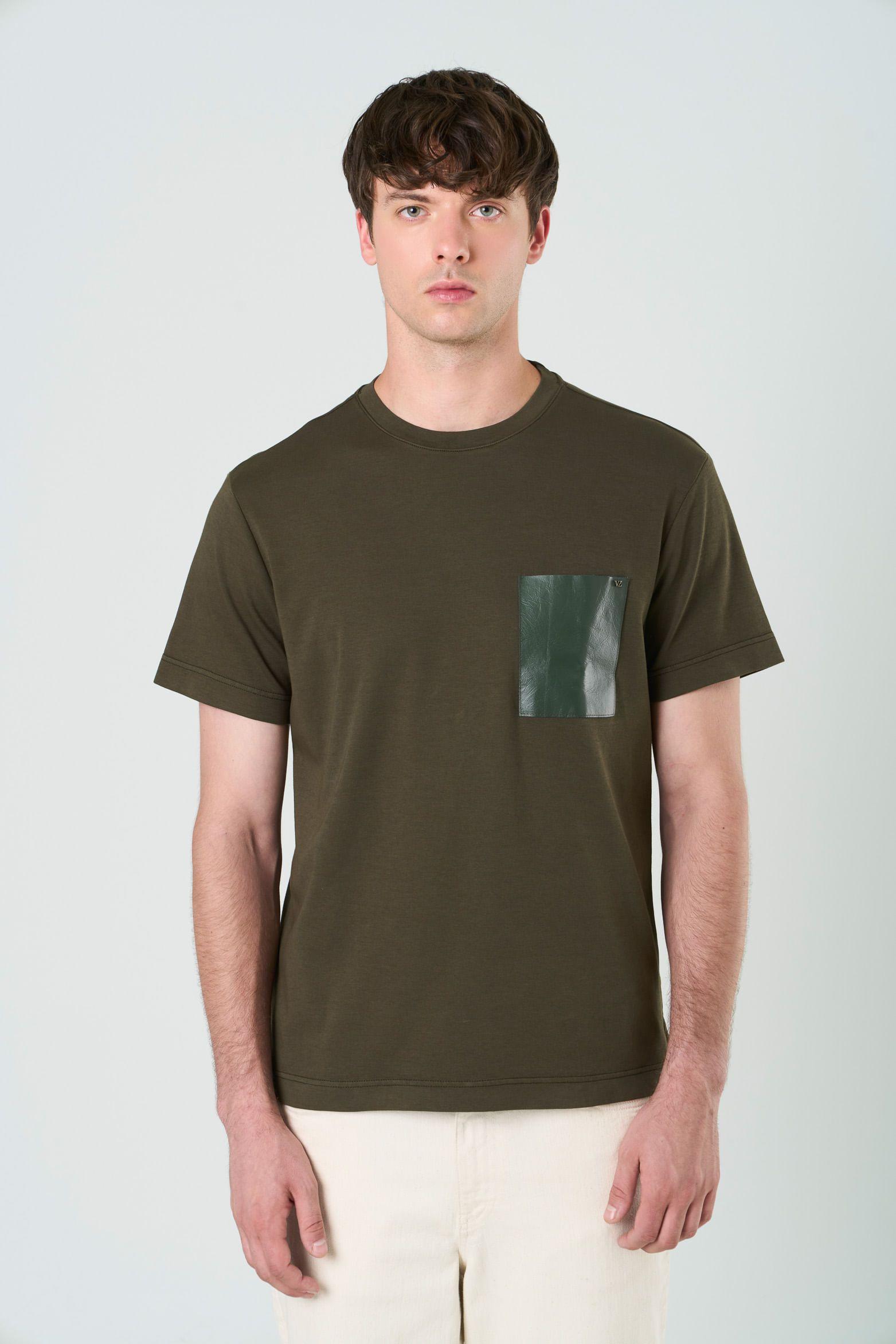 Vélez Camiseta En Algodón  Hombre Bolsillo Cuero Verde Oliva-0