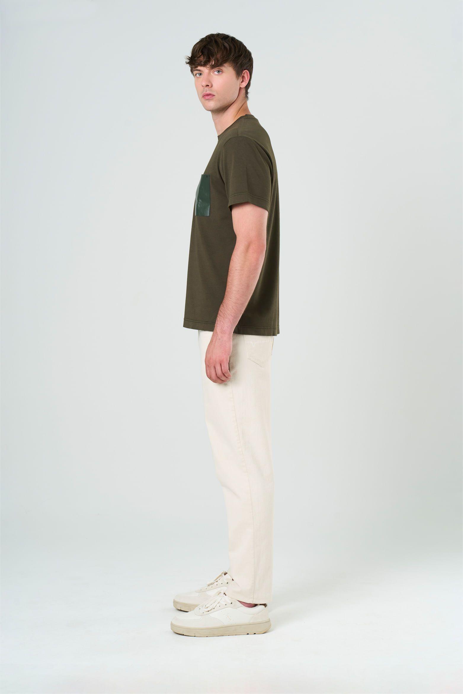 Vélez Camiseta En Algodón  Hombre Bolsillo Cuero Verde Oliva-1