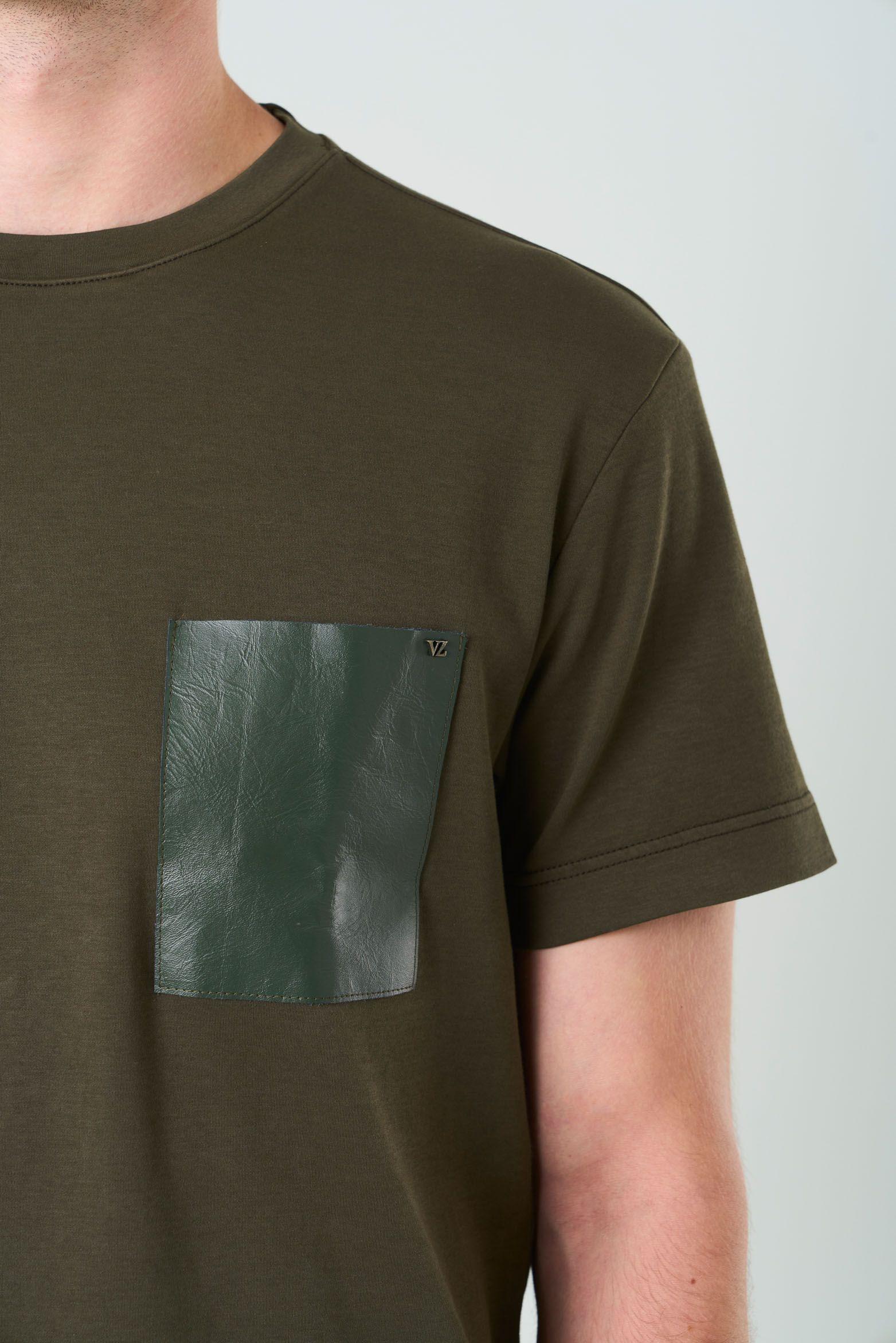 Vélez Camiseta En Algodón  Hombre Bolsillo Cuero Verde Oliva-5