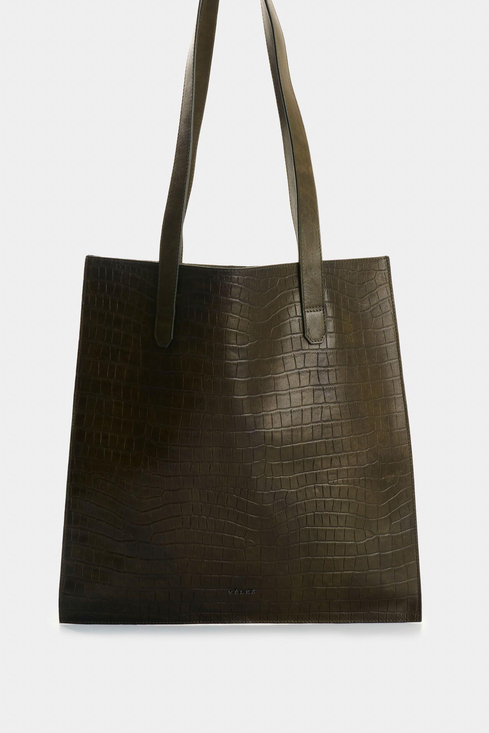 Vélez Tote Bag De Cuero Grabado Croco Esencial Verde-0
