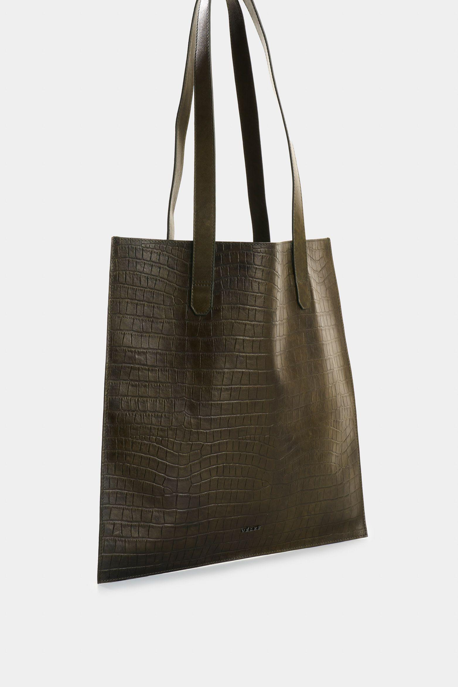 Vélez Tote Bag De Cuero Grabado Croco Esencial Verde-1
