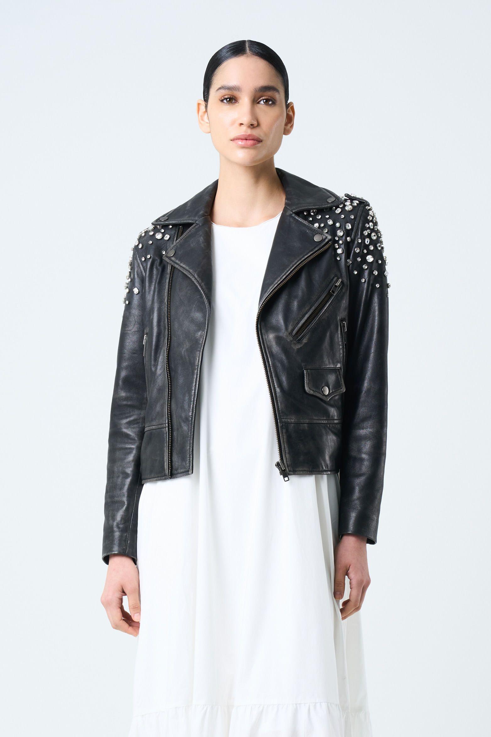 Vélez Chaqueta Biker De Cuero Para Mujer Cristales Negro-0