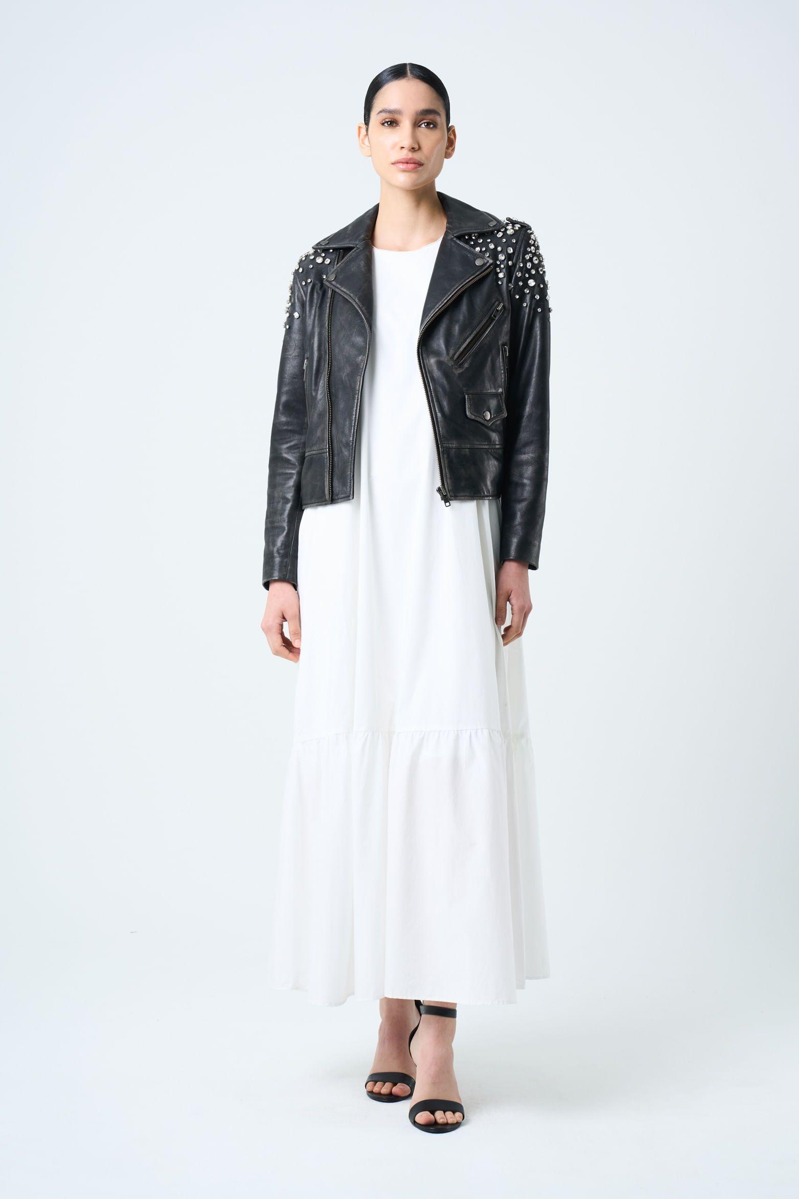 Vélez Chaqueta Biker De Cuero Para Mujer Cristales Negro-3
