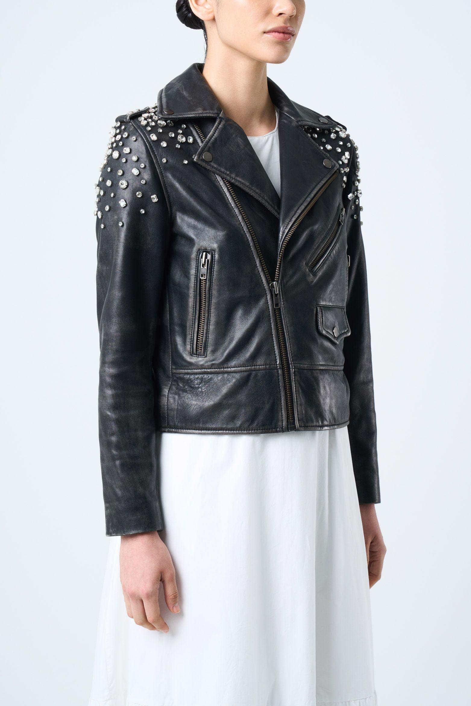 Vélez Chaqueta Biker De Cuero Para Mujer Cristales Negro-4