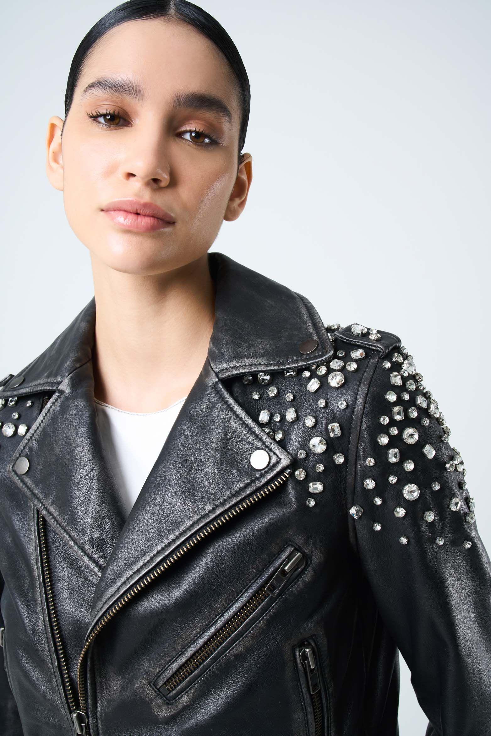 Vélez Chaqueta Biker De Cuero Para Mujer Cristales Negro-5