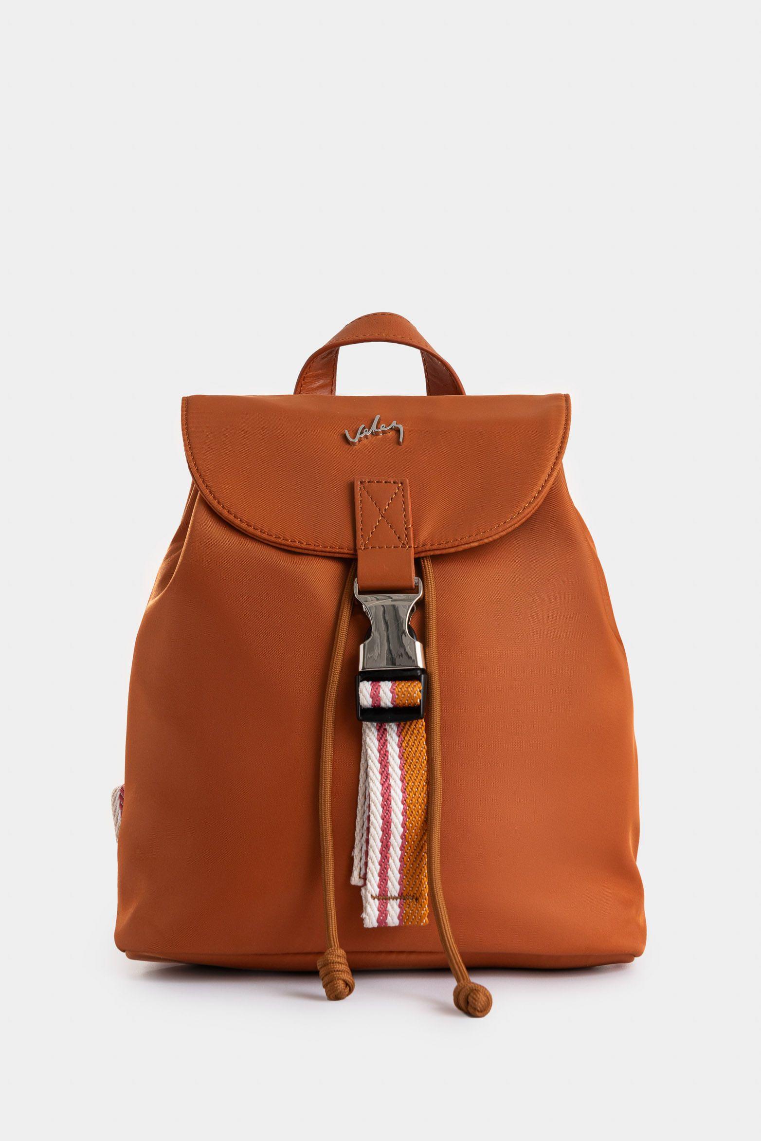 Morral Elora en lona y cuero para mujer detalle contraste miel-0