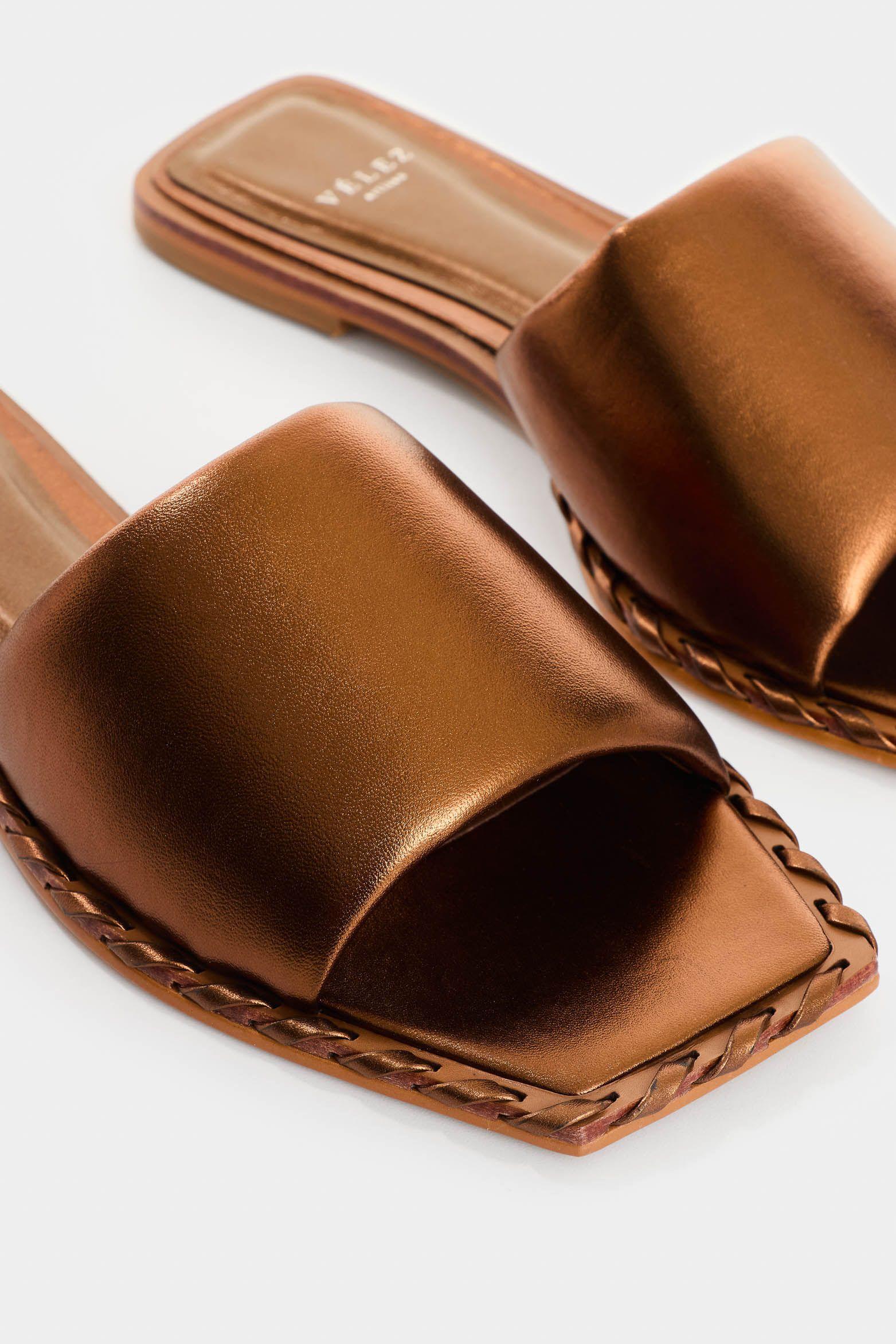 Vélez Sandalia Plana De Cuero Para Mujer Aurora Bronce-4