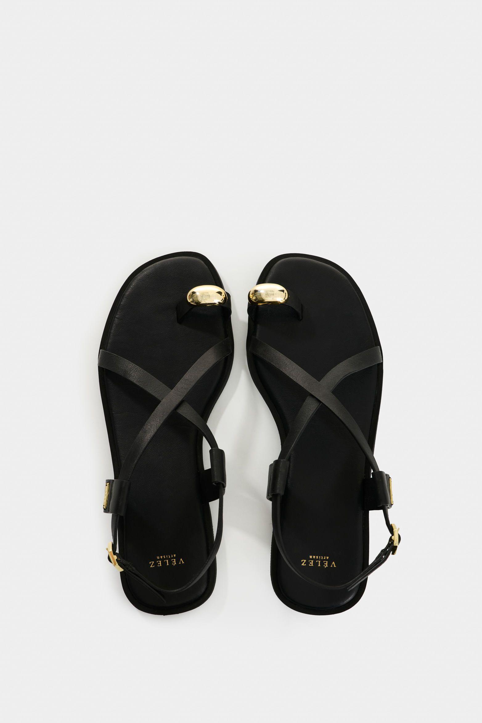 Vélez Sandalia Plana De Cuero Para Mujer Kira Negro-3