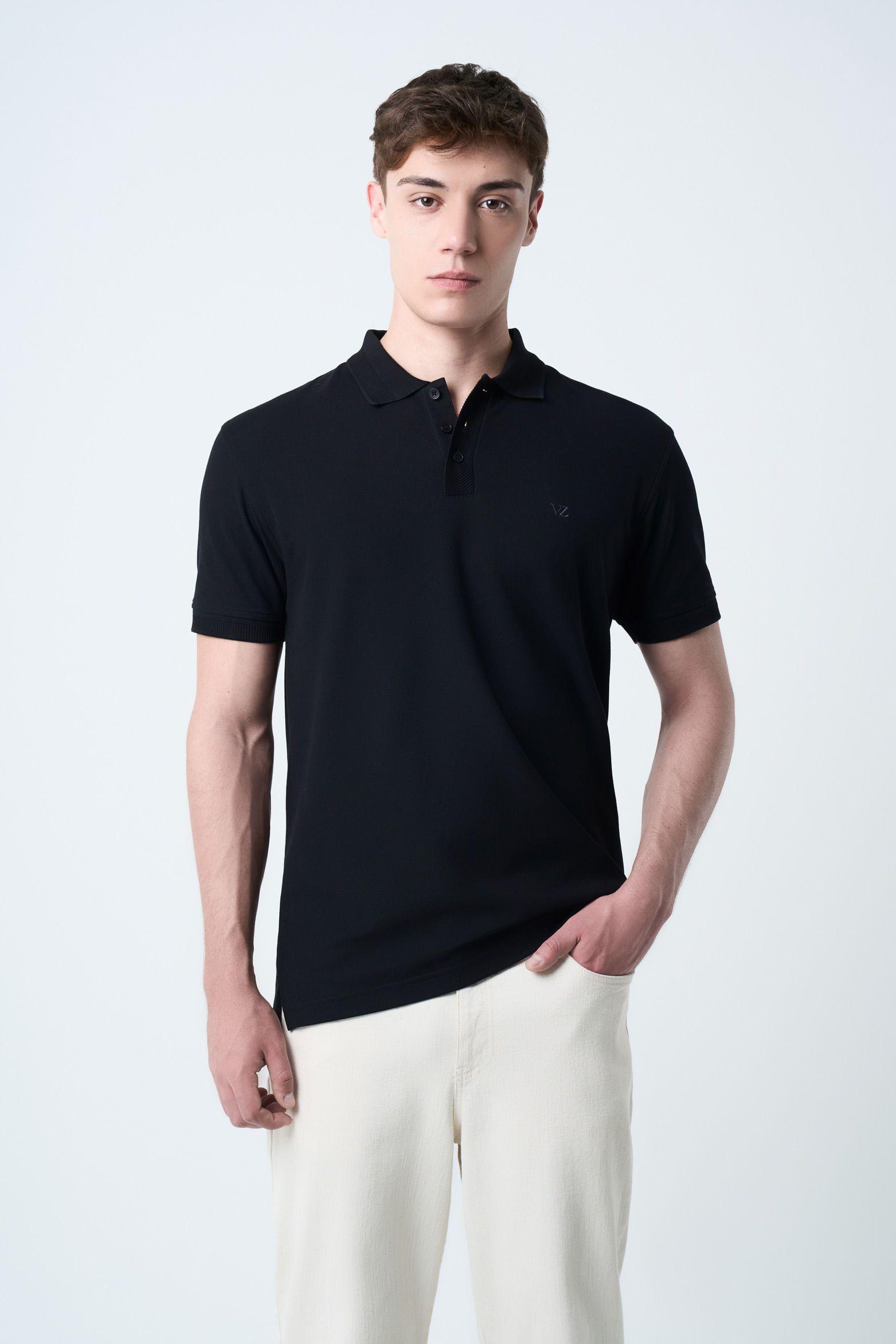 Vélez Polera Polo  Hombre Semi Fit Detalle Jacquard Negro-0