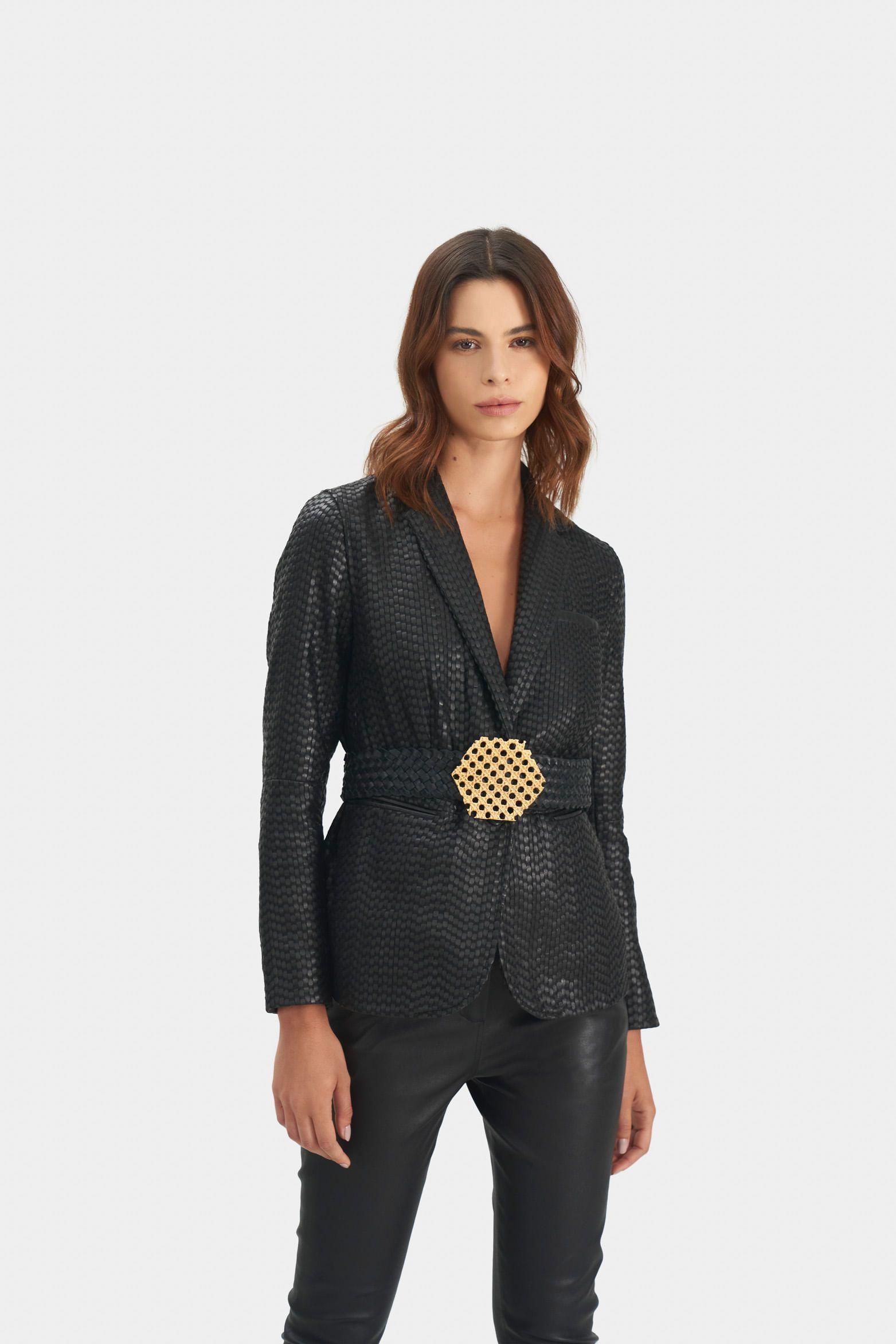 Blazer Tatacoa en cuero tejido para mujer silueta recta negro-0